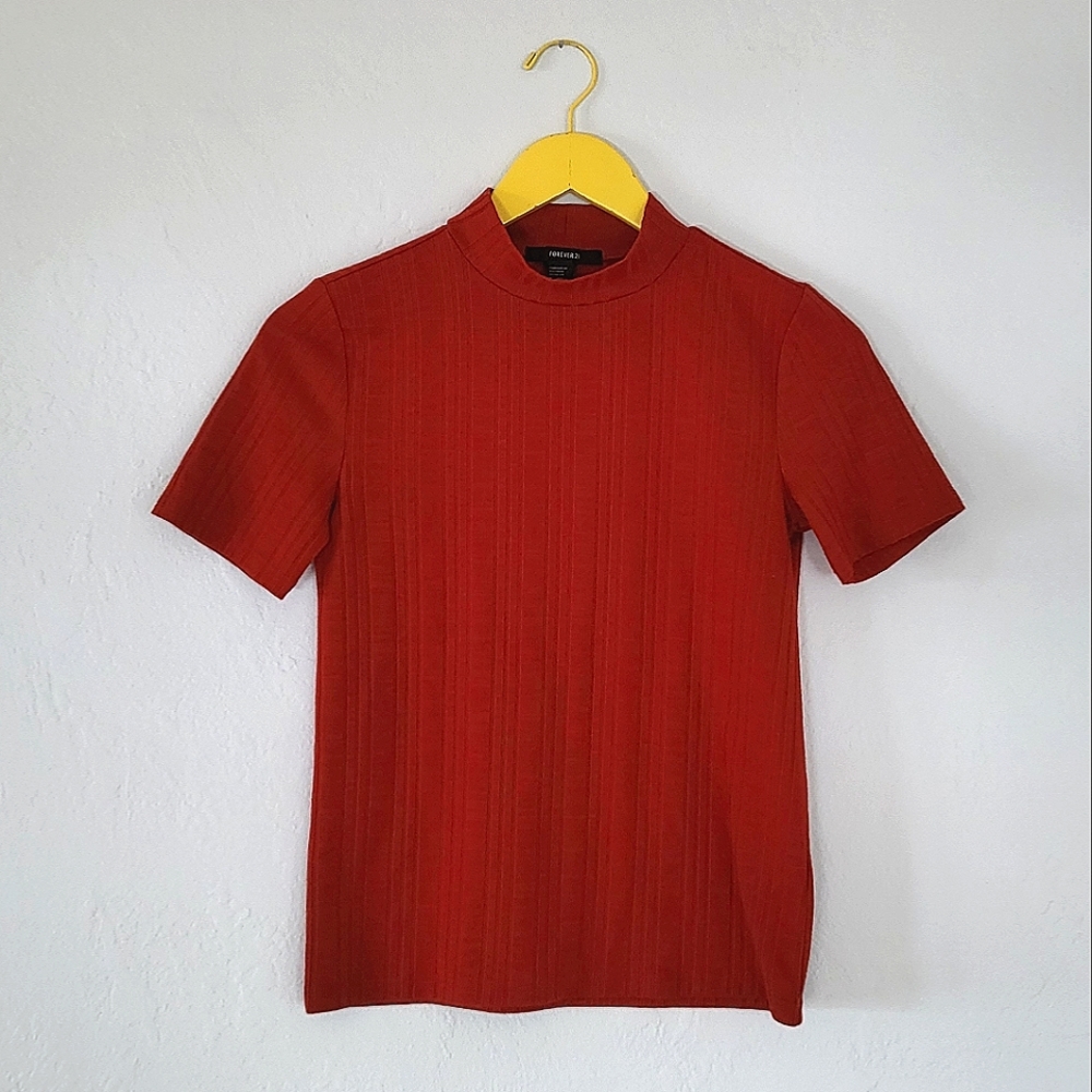 Forever 21 Rust Red Ochre Ribbed Mock Neck Shirt, Small